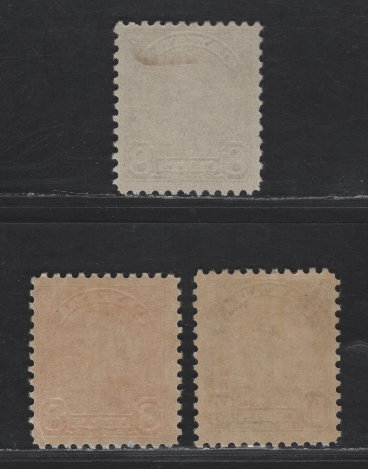 Lot 120 Canada SC#171-173 8c - 10c Dark Blue - Olive Green King George V - Liabrary of Parliament, 1930-1931 Arch/Leaf Issue, 3 FOG Singles, White Satin Gum (8c blue), 8c Red Orange  (Cream Satin Gum) & Deep Cream Semi Glossy Gum (10c)