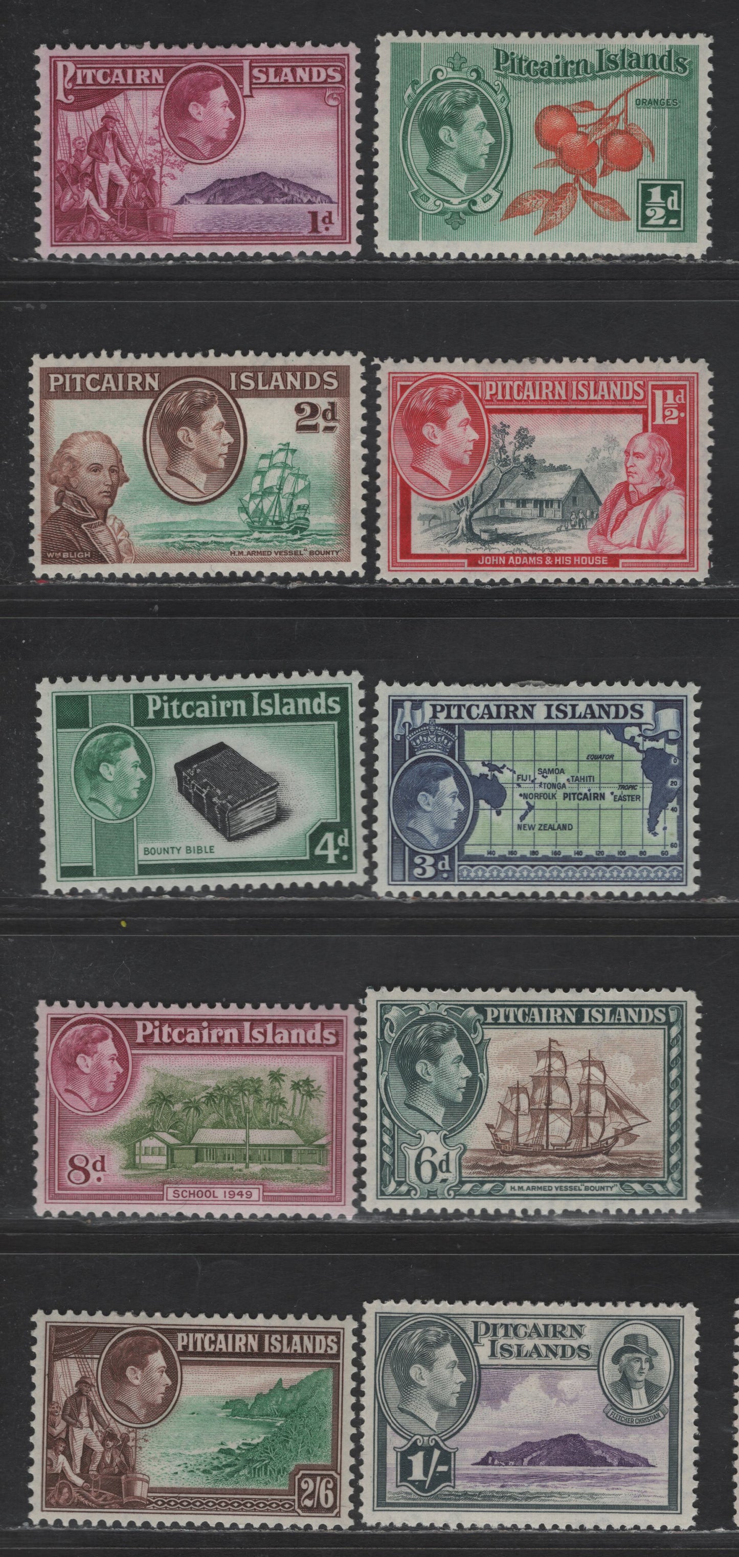 Lot 12 (C) Pitcairn Islands SG#1-8 1/2d - 2/6 Orange & Green - Green & Brown King George VI, 1940-1951 KGVI Pictorial Issue, 8 F/VFOG/NH Singles, Various Printings, All Hinged Except 4d