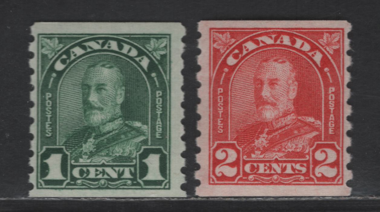 Lot 121 Canada SC#179, 181 1c - 2c Myrtle Green - Red King George V, 1930-1931 Arch/Leaf Coil Issue, 2 FOG Singles, Striated Cream Semmi Glossy Gum (1c) & 2c With White Striated Satin Gum, Perf 8.5 Vertical