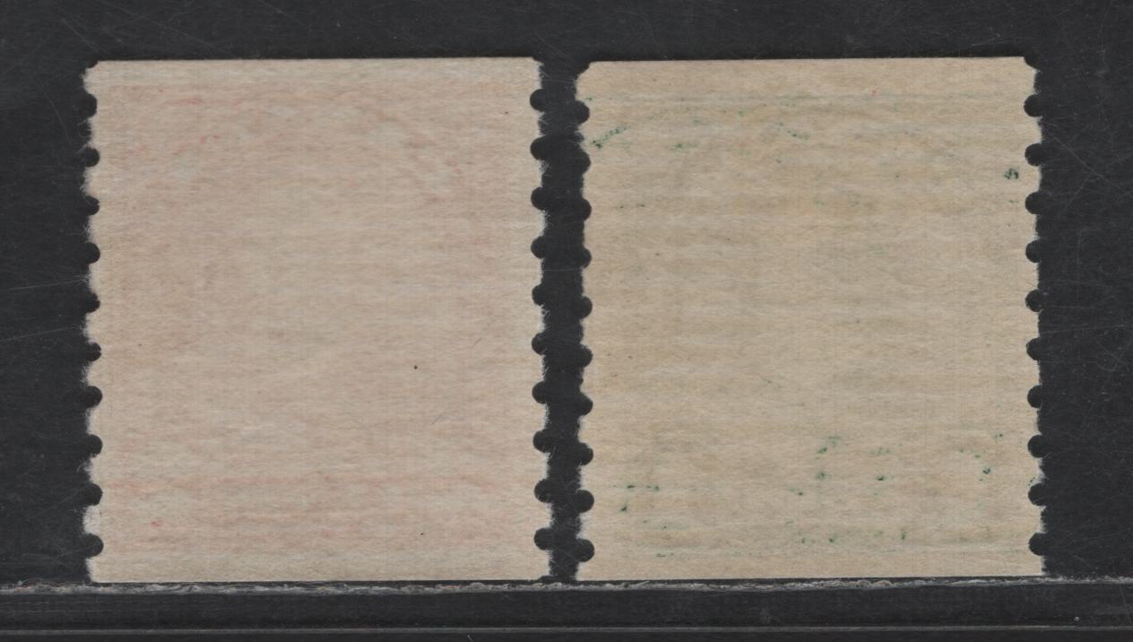 Lot 121 Canada SC#179, 181 1c - 2c Myrtle Green - Red King George V, 1930-1931 Arch/Leaf Coil Issue, 2 FOG Singles, Striated Cream Semmi Glossy Gum (1c) & 2c With White Striated Satin Gum, Perf 8.5 Vertical