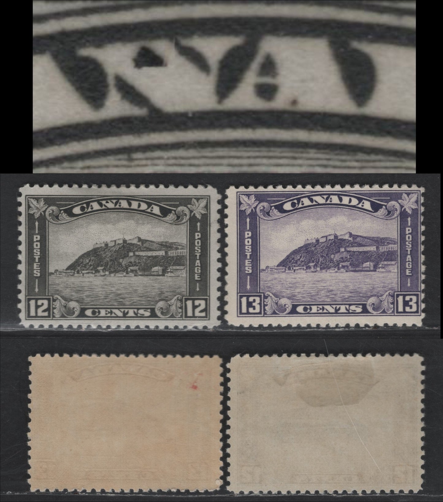 Lot 124 Canada SC#174, 201 12c & 13c Gray Black - Dull Violet Quebec Citadel, 1930-1932 Arch/Leaf - Medallion Issues, 2 FOG Singles, Cream & Deep Cream Semi Glossy Gum, Dot in 'A' of Canada on 12c