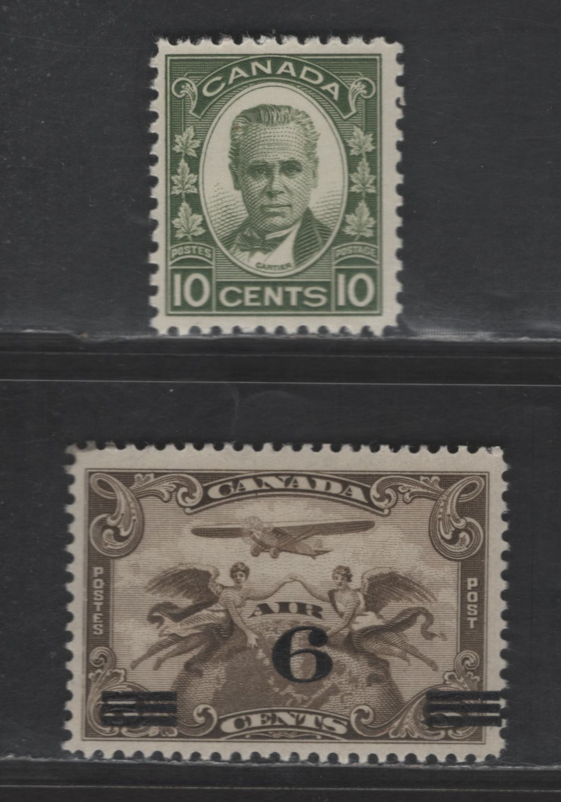 Lot 129 Canada SC#190, C3 10c - 6c on 5c Olive Green - Brown Olive George Etienne Cartier - Two Winged Figures Surcharged, 1931-1932 George-Etienne Cartier - Airmail Issues, 2 F/VFOG Singles, Satin & Streaky Gums