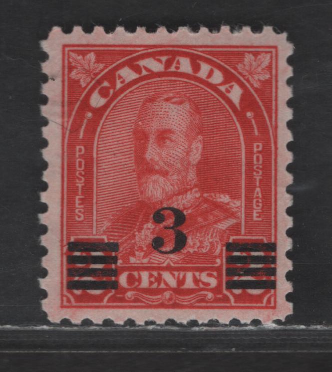 Lot 130 Canada SC#191 3c on 2c Deep Red King George V, 1932 Arch/Leaf Provisional Issue, A VFNH Single, Creamy Semi Glossy Gum