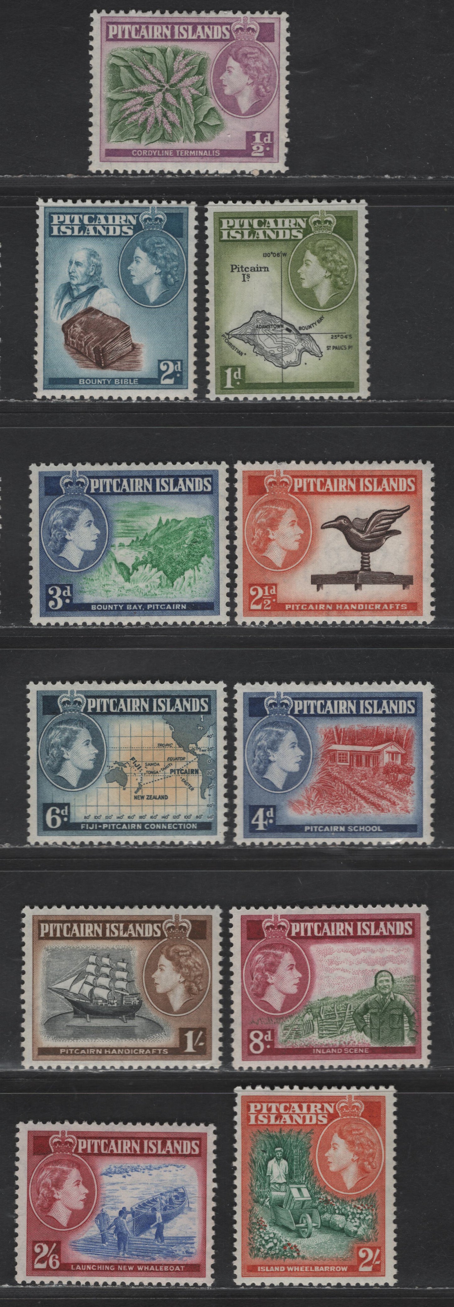 Lot 13 (C) Pitcairn Islands SC#18-28 1/2d - 2/6 Green & Reddish Lilac - Ultramarine & Deep Lake Queen Elizabeth II, 1957-1963 Pictorial Issue, 11 F/VFOG Singles
