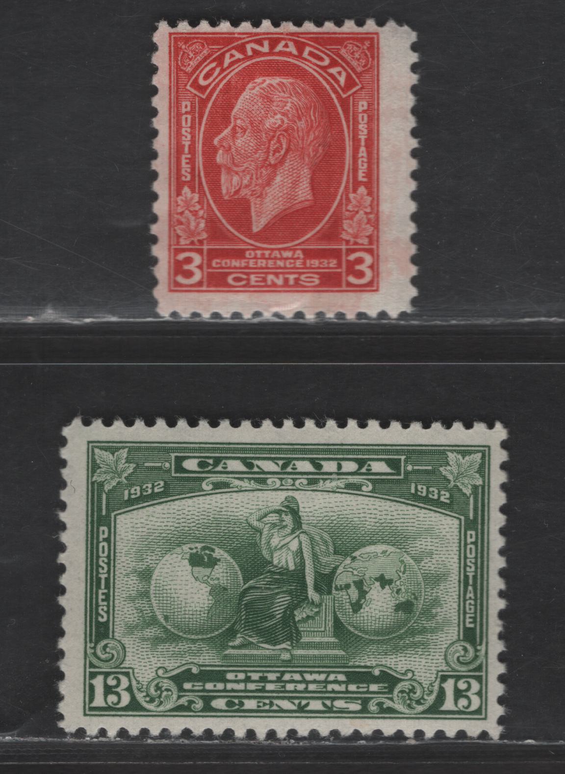 Lot 131 Canada SC#192, 194 3c - 13c Deep Red - Deep Green King George V - Britannia, 1932 Imperial Economic Conference Issue, 2 FOG Singles, Striated Gum With 4 Breaker Ridges, Cream Satin Gum,