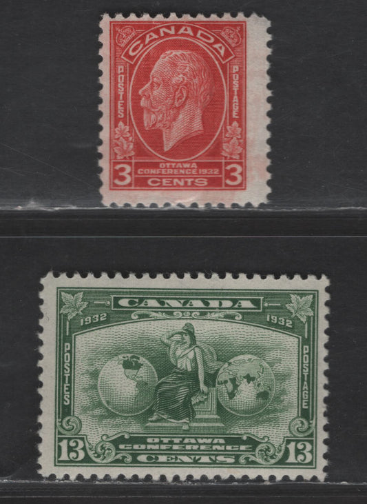 Lot 131 Canada SC#192, 194 3c - 13c Deep Red - Deep Green King George V - Britannia, 1932 Imperial Economic Conference Issue, 2 FOG Singles, Striated Gum With 4 Breaker Ridges, Cream Satin Gum,