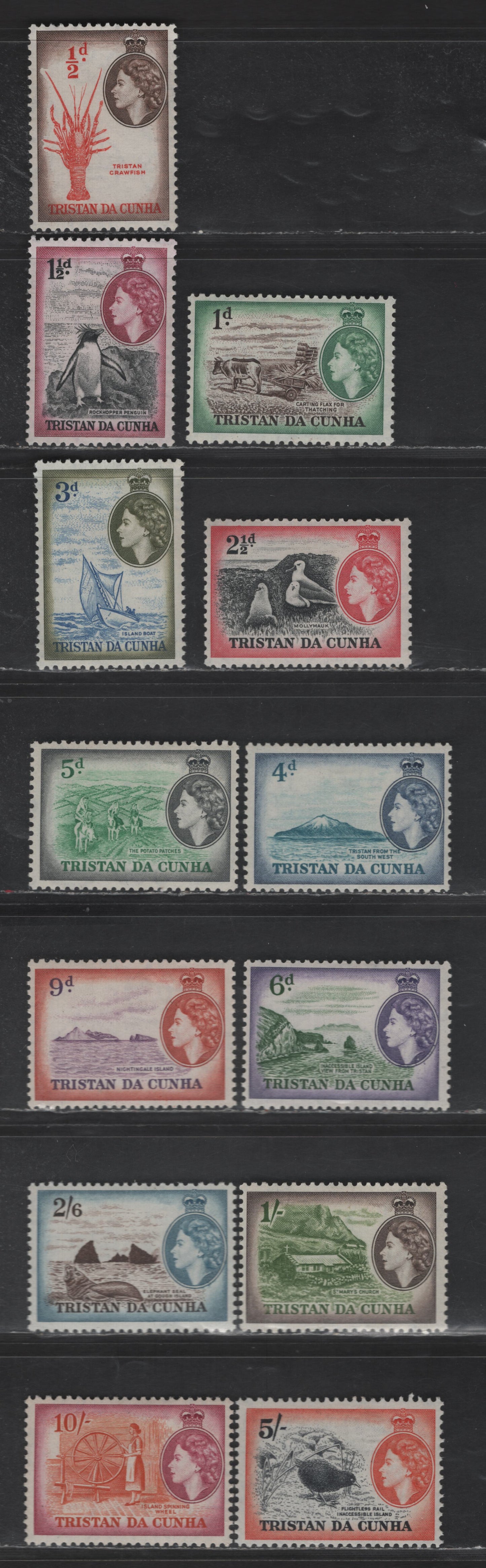 Lot 14 (C) Tristan Da Cunha SC#14-27 1/2d - 10/- Red & Deep Brown - Brown Orange & Purple Queen Elizabeth II, 1954-1960 Pictorial Issue, 14 F/VFOG Singles