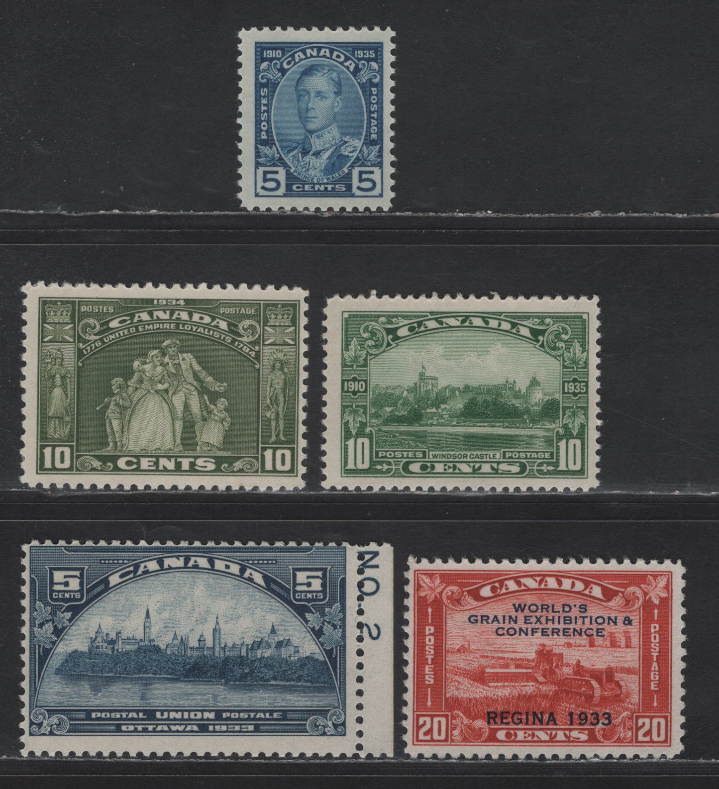 Lot 144 Canada SC#202-203, 209, 214-215 5c - 10c Dark Blue - Green Parliament Buildings - Windsor Castle, 1933-1935 UPU Meeting - KGV Silver Jubilee Issue, 5 FNH Singles, All NH Except 20c Which Has No Gum