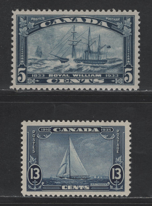 Lot 145 Canada SC#204, 216 5c - 13c Dark Blue Royal William - Royal Yacht Britannia, 1933-1935 Royal William - KGV Silver Jubilee Issue, 2 VFNH Singles, Tiny Gum Disturbance On 216, Smooth Semi Glossy Cream Gum
