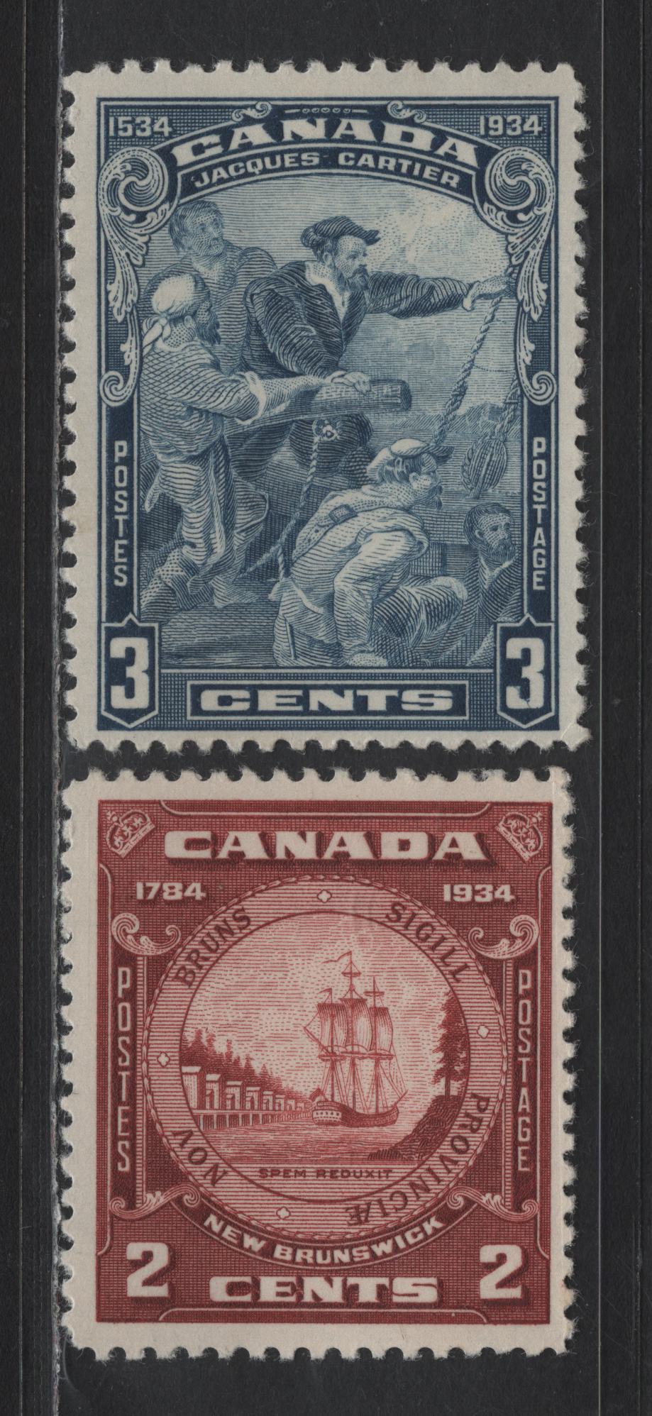 Lot 146 Canada SC#208, 210 3c - 2c Blue - Red Brown Jacques Cartier - New Brunswick Seal, 1934 Jacques Cartier - New Brunswick Issues, 2 FOG Singles, Cream Satin Gum