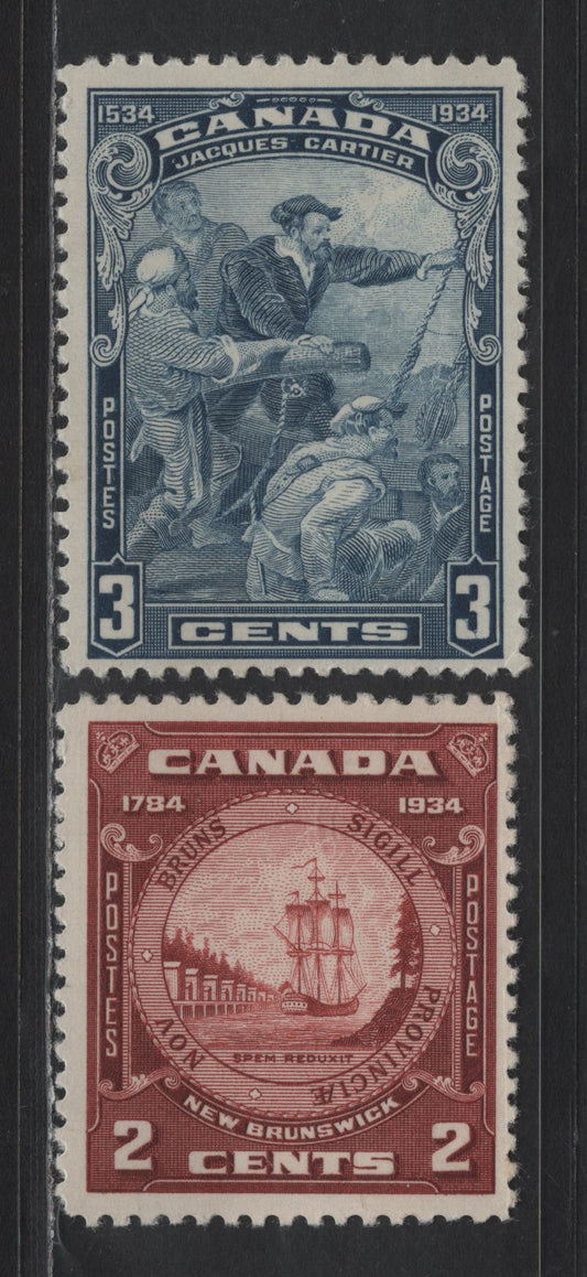 Lot 146 Canada SC#208, 210 3c - 2c Blue - Red Brown Jacques Cartier - New Brunswick Seal, 1934 Jacques Cartier - New Brunswick Issues, 2 FOG Singles, Cream Satin Gum
