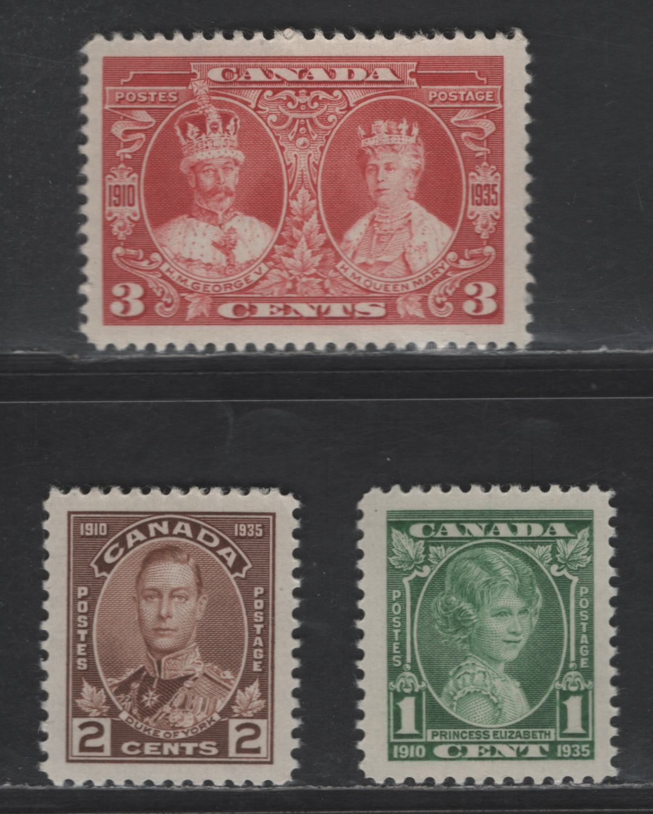 Lot 147 Canada SC#211-213 1c-3c Green - Carmine Red Princess Elizabeth - KGV & Queen Mary, 1935 KGV Silver Jubilee Issue, 3 VFNH Singles, Different Gums