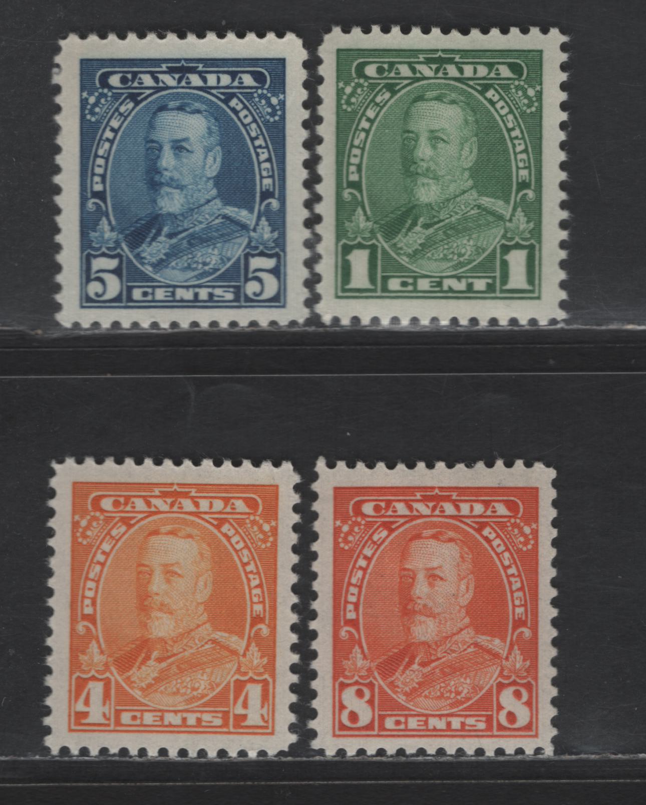 Lot 148 Canada SC#217, 220-222 1c - 8c Green - Deep Orange King George V, 1935 KGV Pictorial Issue, 4 VFNH Singles, Different Papers, Creamy Semi Glossy Gum