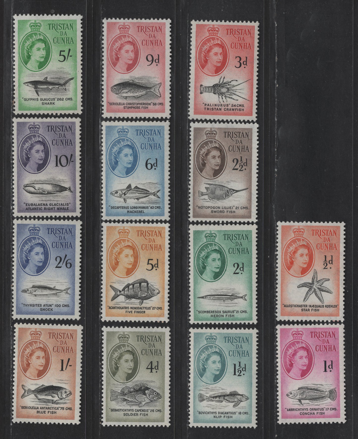 Lot 15 (C) Tristan Da Cunha SC#28-41 1/2d - 10/- Black & Orange - Black & Violet Queen Elizabeth II, 1954-1960 Marine Life Definitives, 14 VFOG Singles