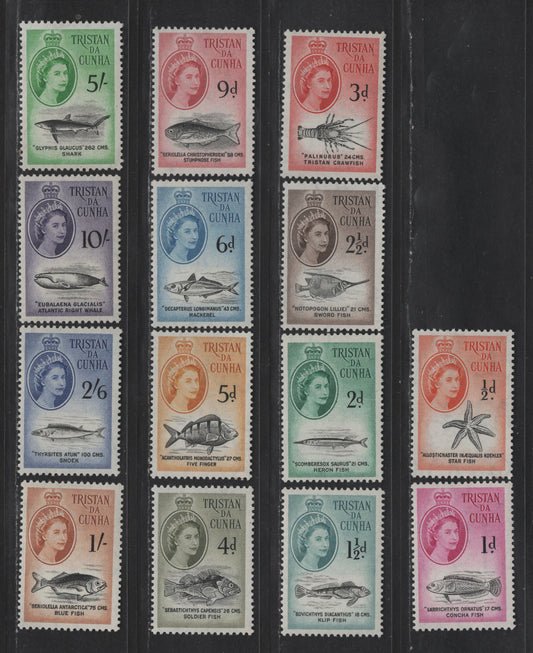 Lot 15 (C) Tristan Da Cunha SC#28-41 1/2d - 10/- Black & Orange - Black & Violet Queen Elizabeth II, 1954-1960 Marine Life Definitives, 14 VFOG Singles