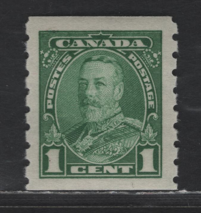 Lot 153 Canada SC#228 1c Green King George V, 1935 KGV Pictorial Coil Issue, A VFNH Coil Single, Crisp Horizontal Wove Paper, No Mesh, Semi Glossy Deep Cream Gum