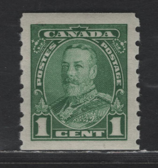 Lot 153 Canada SC#228 1c Green King George V, 1935 KGV Pictorial Coil Issue, A VFNH Coil Single, Crisp Horizontal Wove Paper, No Mesh, Semi Glossy Deep Cream Gum