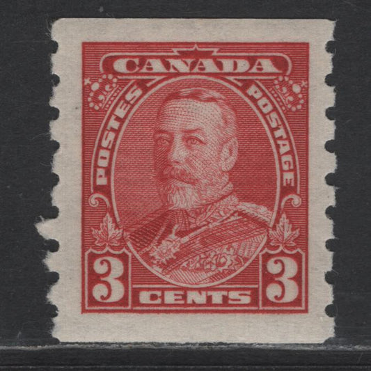 Lot 155 Canada SC#230 3c Bright Carmine Red King George V, 1935 KGV Pictorial Coil Issue, A VFNH Coil Single, Horizontal Wove Paper, Semi Glossy Deep Cream Gum