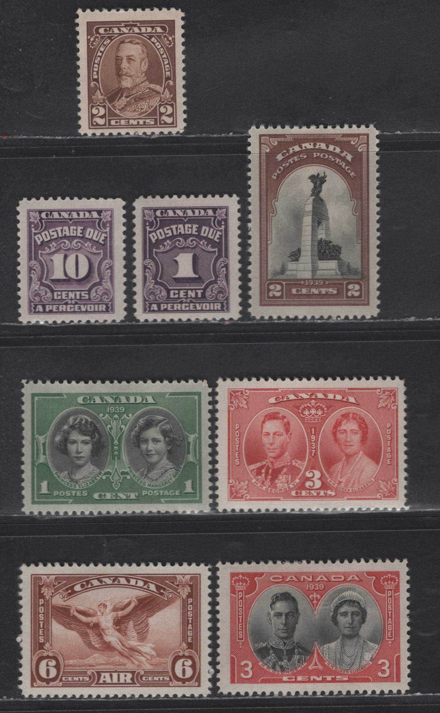 Lot 158 Canada SC#218, 237, 246-248, C5, J15, J20 2c - 10c Brown - Dark Violet King George V - Numeral, 1935 - 1965 KGV Pictorial - Fourth Postage Due Issues, 8 F/VFOG Singles