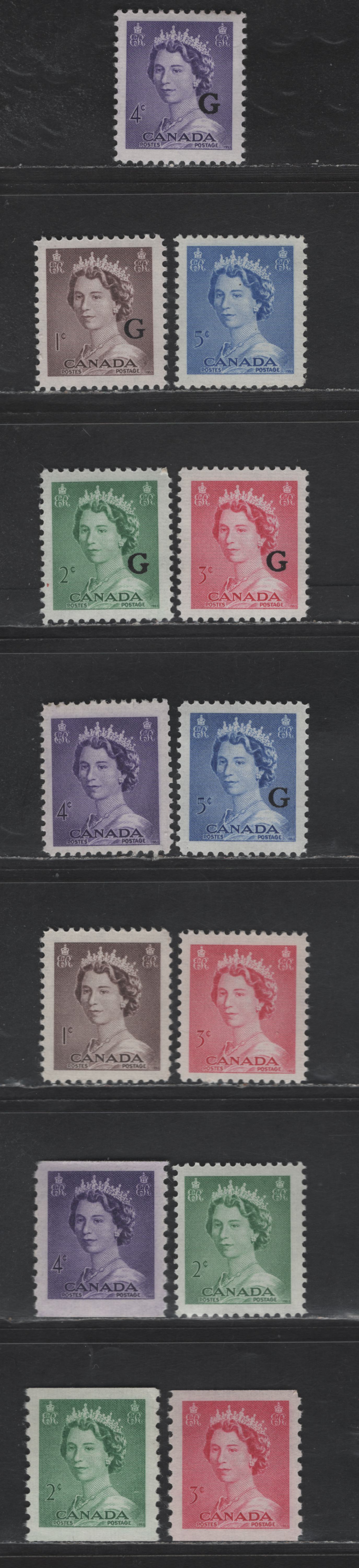 Lot 159 Canada SC#325-329, 331-333, O33-O37 1c - 5c Violet Brown - Ultramarine Queen Elizabeth II, 1953 Karsh & Official Karsh Issues, 13 VFNH/OG Singles, All NH Except #331 & O36