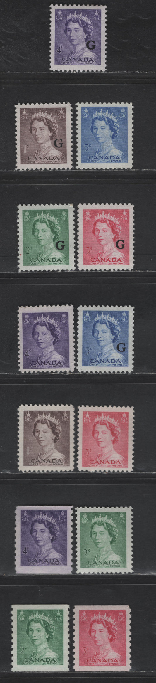 Lot 159 Canada SC#325-329, 331-333, O33-O37 1c - 5c Violet Brown - Ultramarine Queen Elizabeth II, 1953 Karsh & Official Karsh Issues, 13 VFNH/OG Singles, All NH Except #331 & O36