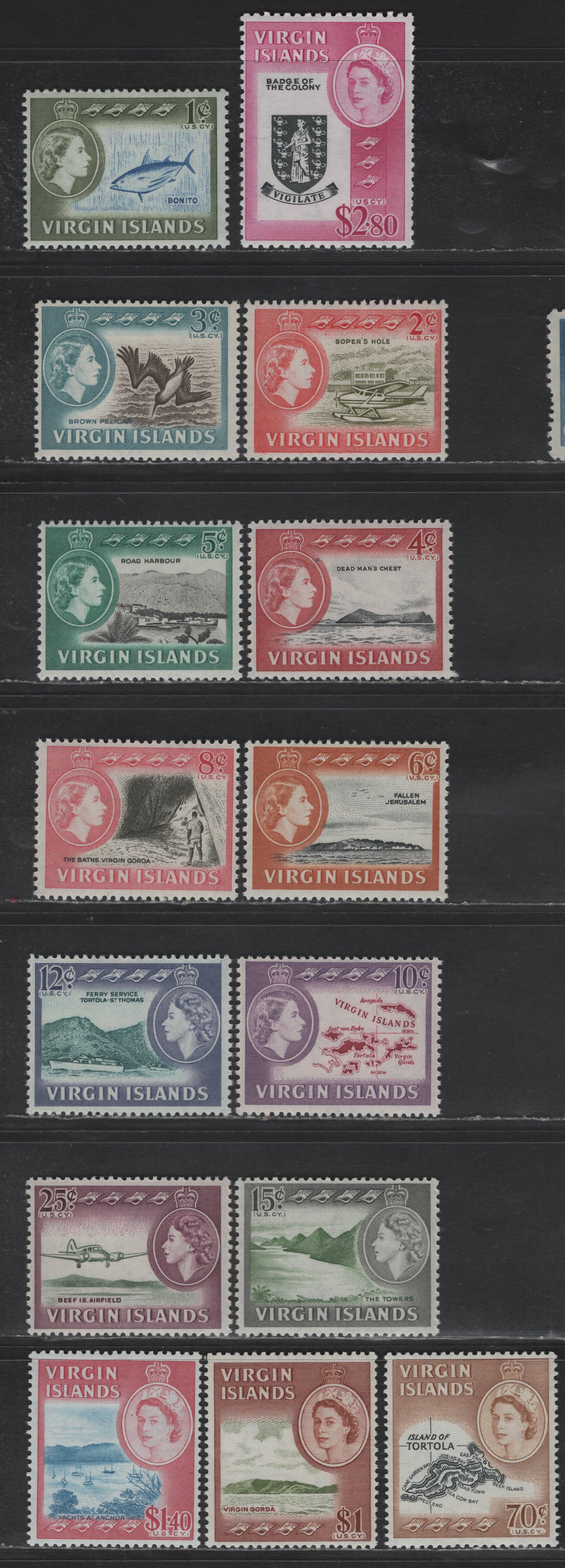 Lot 16 (C) Virgin Islands SC#178-192 1c - $2.80 Blue & Olive Green - Black & Bright Purple Queen Elizabeth II, 1964-1968 Pictorial Definitives, 15 F/VFOG Singles, All On Low Fluorescent Paper, Except For The 70c-$2.80 High Values