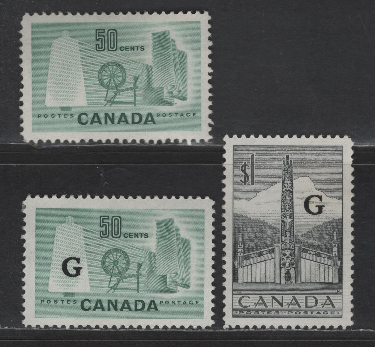 Lot 161 Canada SC#334, O32, O38 50c - '$1 Dull Green -Gray Black Textile - Totem Pole, 1953-1955 Textile Industry & Official Issues, 3 VFOG Singles, Different Papers & Gums