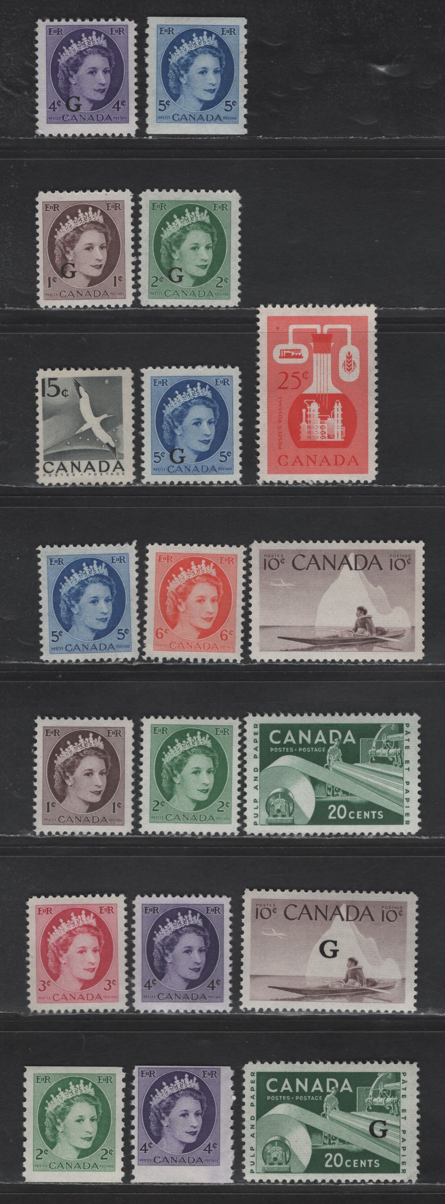 Lot 162 Canada SC#337/O45 1c - 25c Violet Brown - Vermillion Queen Elizabeth II, 1954-1956 Wilding & Official Issues, 20 F/VFNH/OG Singles, All NH Except #339-340 nad O44, Mixture of Horizontal Ribbed & Smooth Papers