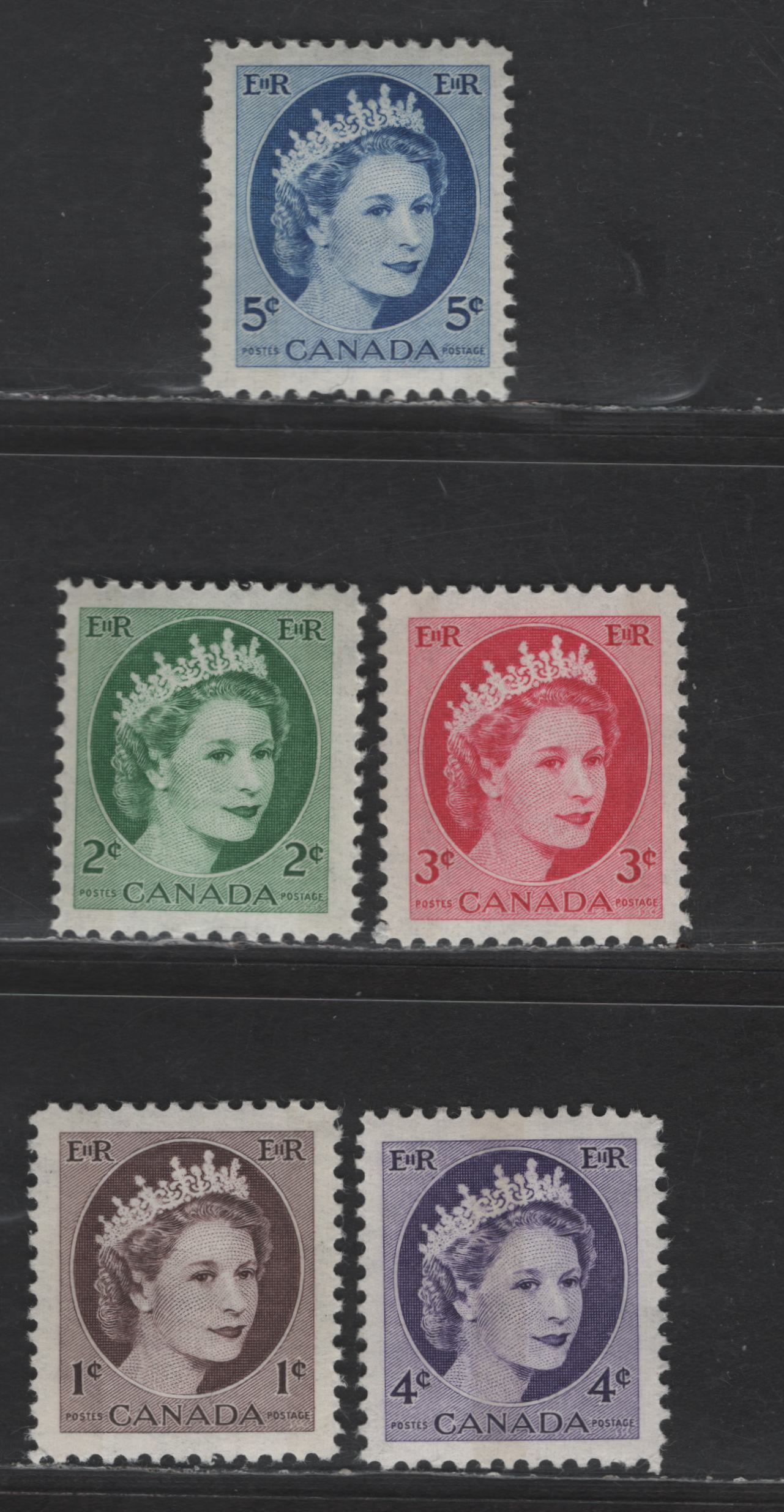 Lot 163 Canada SC#337p-341p 1c - 5c Violet Brown - Bright Blue Queen Elizabeth II, 1954 Wilding Issue, 5 F/VFNH Singles, Tagged With Light Bluish White Tagging