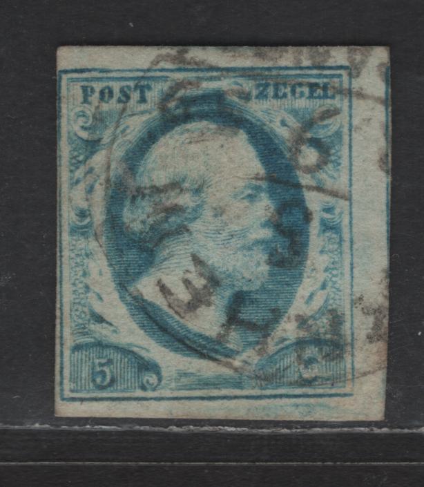 Lot 164 Netherlands SC#1a 5c Light Blue King William III, 1852 King William III Issue, A Fine Used Single, 3 Margins