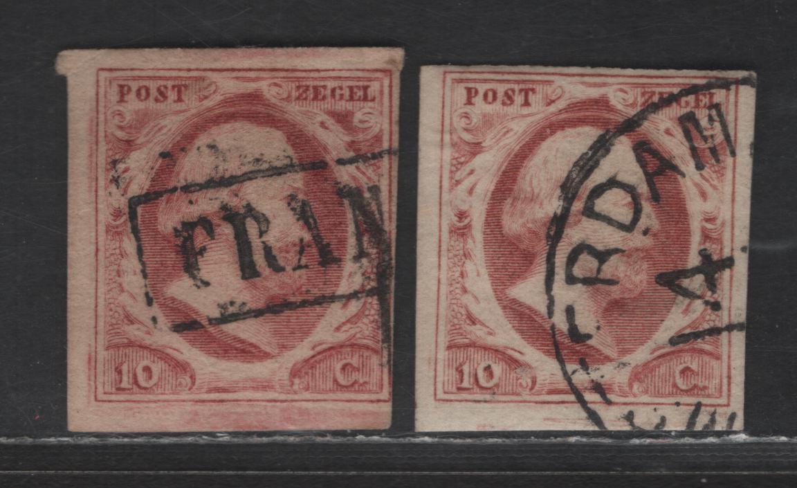 Lot 165 Netherlands SC#2, 2b 10c Lake & Brownish Red King William III, 1852 King William III Issue, 2 Fine Used Singles