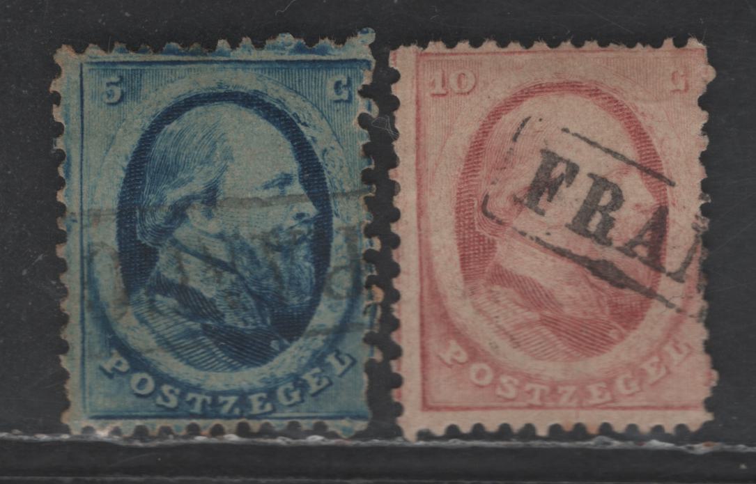 Lot 167 Netherlands SC#4, 5 5c - 10c Dark Blue & Rose Red King William III, 1864 King William III Issue, 2 Very Good Used Singles