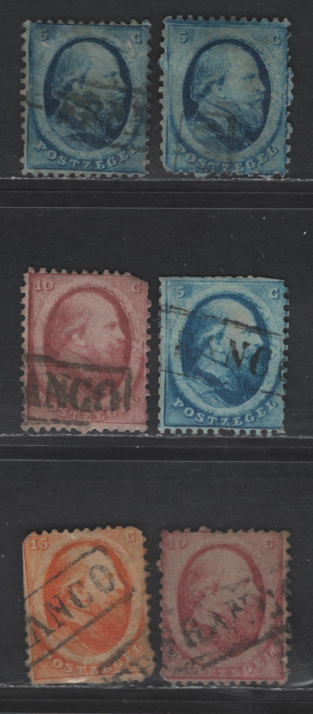 Lot 169 Netherlands SC#4, 5, 6 5c - 15c Blue - Orange King William III, 1864 King William III Issue, 6 Ungraded Singles, Small To Major Faults, Variations In Shade, Most On Medium Paper