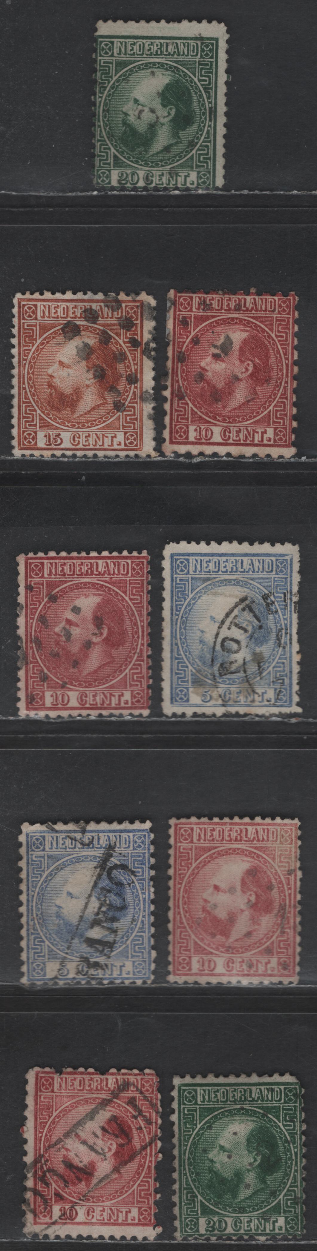 Lot 176 Netherlands SC#8c, 9d, 7e, 10b, 8b, 7a, 8a, 10 10c - 20c Dark Green King William III, 1867-1869 King William III Issue, 9 Very Good/Fine Used Singles, Various Perfs & Numeral Types