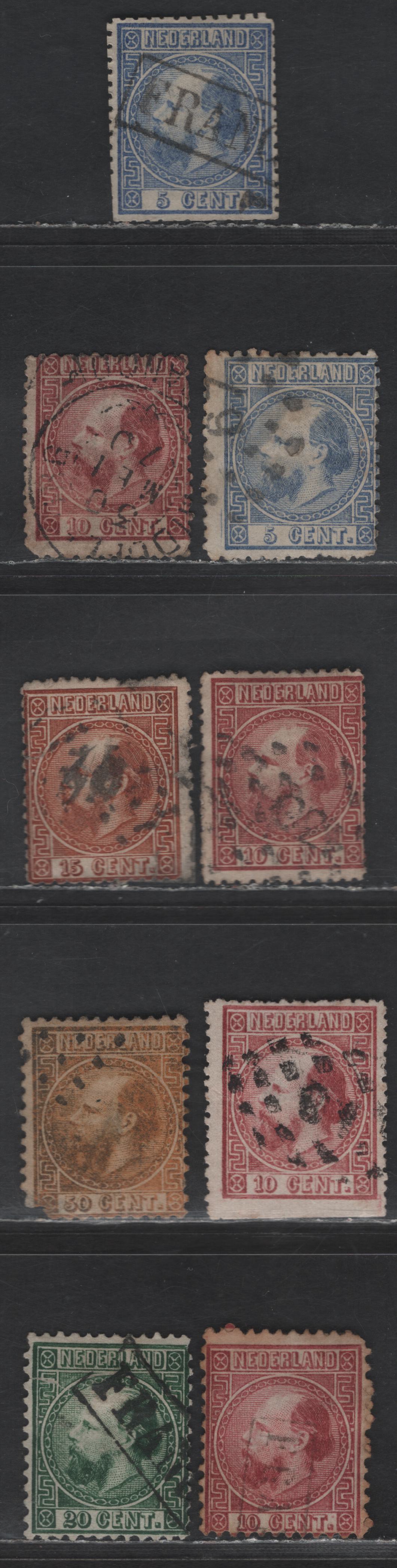 Lot 177 Netherlands SC#7e, 8b, 9a, 8, 8a, 10, 12 5c - 50c Ultramarine - Gold King William III, 1867-1869 King William III Issue, 9 Ungraded Singles, Faulty Examples, Different Perfs & Letter Types
