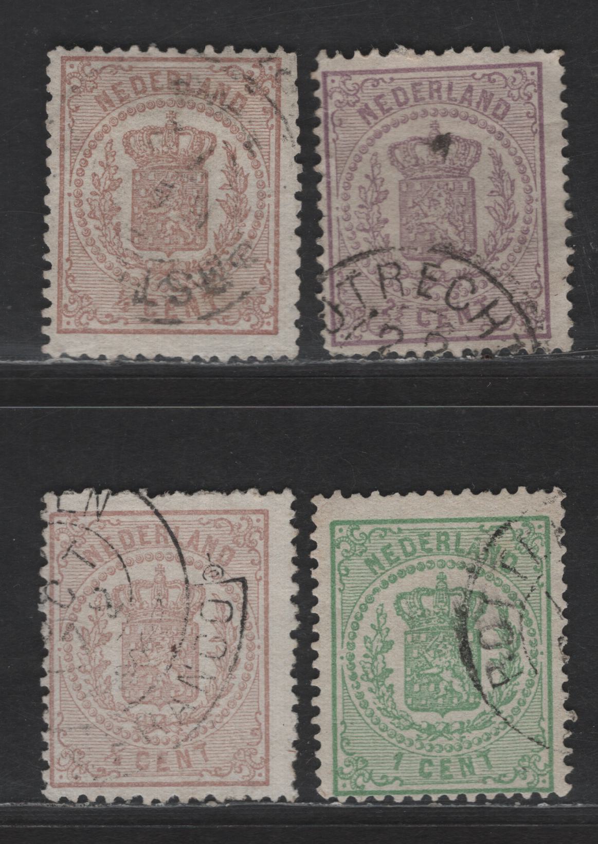 Lot 178 Netherlands SC#17, 19, 22 1/2c - 2.5c Red Brown - Violet Coat of Arms, 1869-1871 Coat of Arms Issue, 4 Fine Used Singles, Perf 13.25, Large Holes With 2 Paper Varieties of The 1/2c & Shade Variations