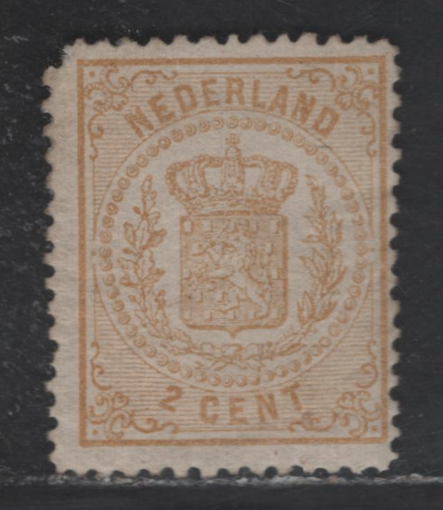 Lot 179 Netherlands SC#21 2c Buff Coat of Arms, 1869-1871 Coat of Arms Issue, A VGOG Single Perf 13.25, Small Holes,, Part OG, Pulled Corner At UL
