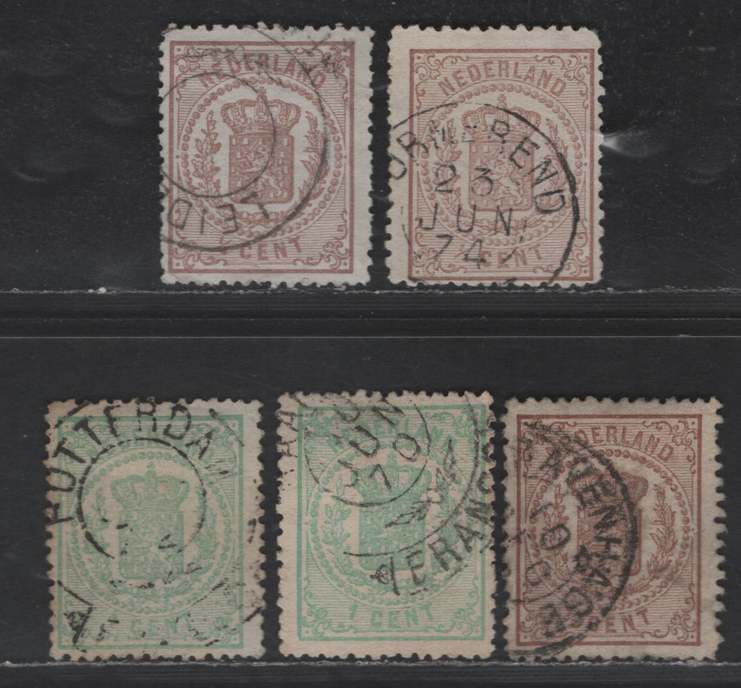 Lot 180 Netherlands SC#17, 19 1/2c - 1c Red Brown - Green Coat of Arms, 1869-1871 Coat of Arms Issue, 5 Fine Used Singles Perf 13.25, Small Holes, Slightly Different Shades On Different Papers