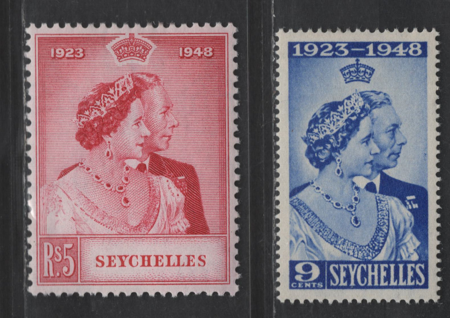 Lot 18 (C) Seychelles SC#152-153 9c - 5r Blue - Red KGVI & Queen Elizabeth, 1948 Silver Wedding Issue, 2 VFOG Singles