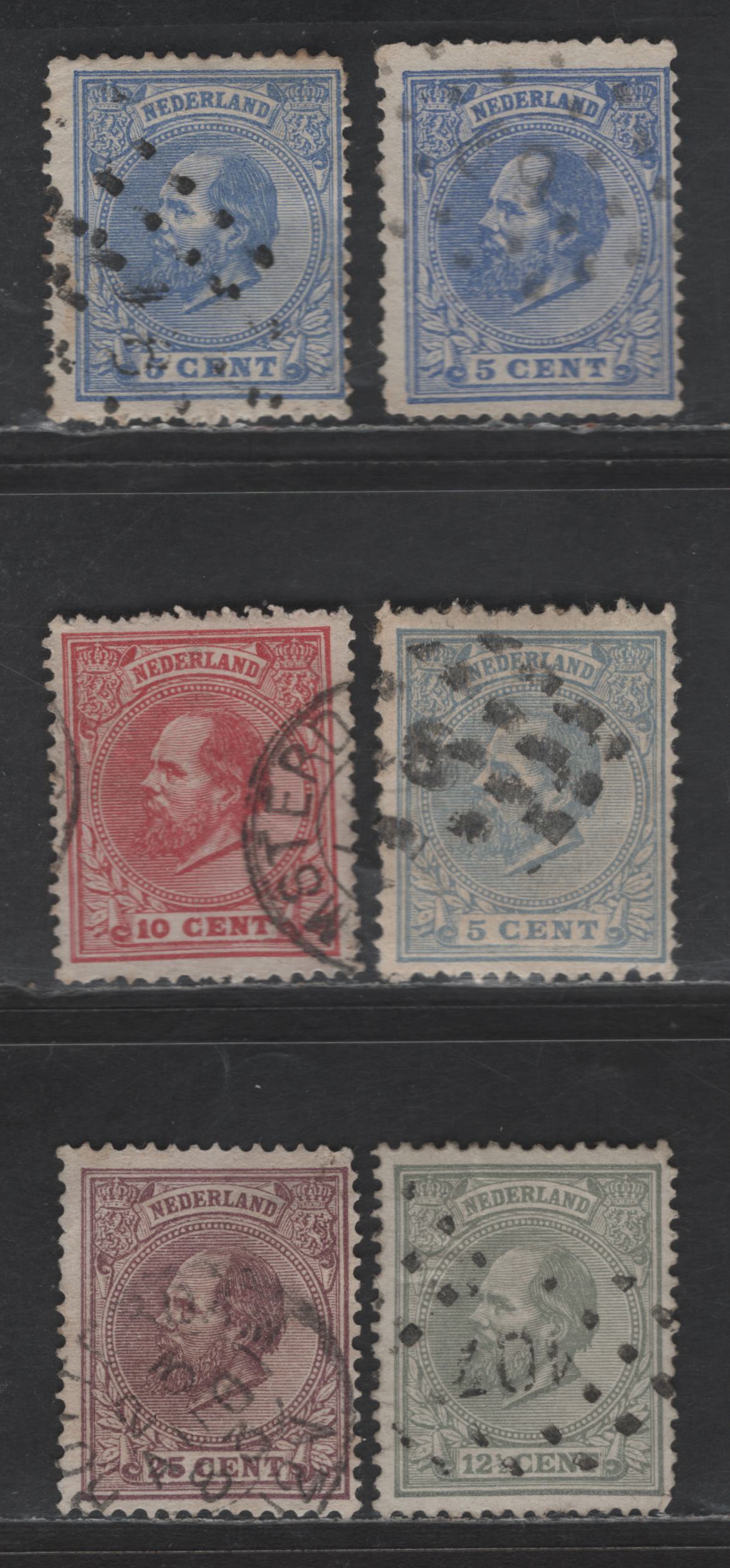 Lot 183 Netherlands SC#23, 25-26, 30, 23a 5c - 25c Ultramarine - Dull Violet King William III, 1872-1888 King William III Issue, 5 Very Good/Fine Used Singles, Perf 13.5x13, Large Holes, 12.5c With Large Wrinkle