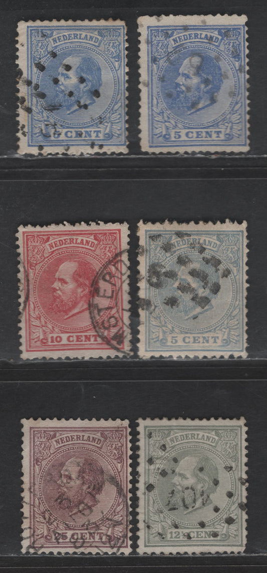 Lot 183 Netherlands SC#23, 25-26, 30, 23a 5c - 25c Ultramarine - Dull Violet King William III, 1872-1888 King William III Issue, 5 Very Good/Fine Used Singles, Perf 13.5x13, Large Holes, 12.5c With Large Wrinkle