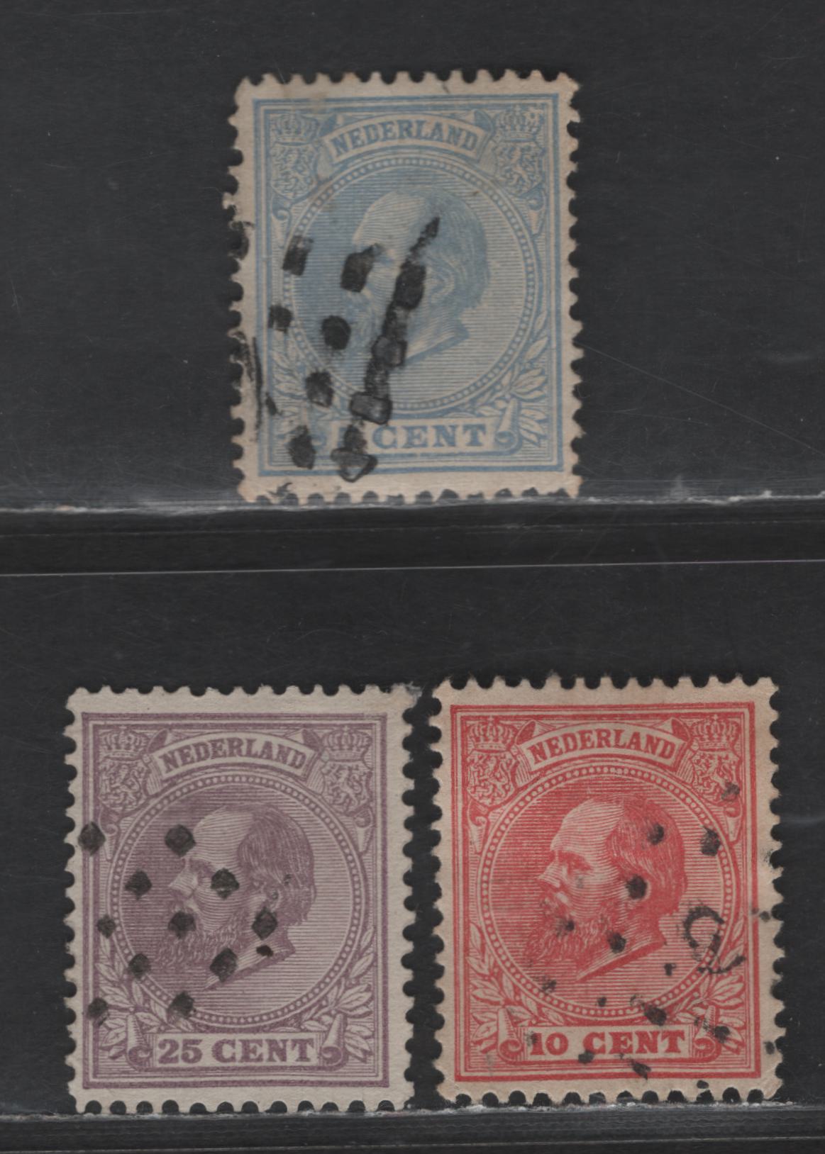 Lot 184 Netherlands SC#23, 25, 30 5c - 25c Blue - Dull Violet King William III, 1872-1888 King William III Issue, 3 Fine/Very Fine Used Singles, Perf 12.5, Large Holes