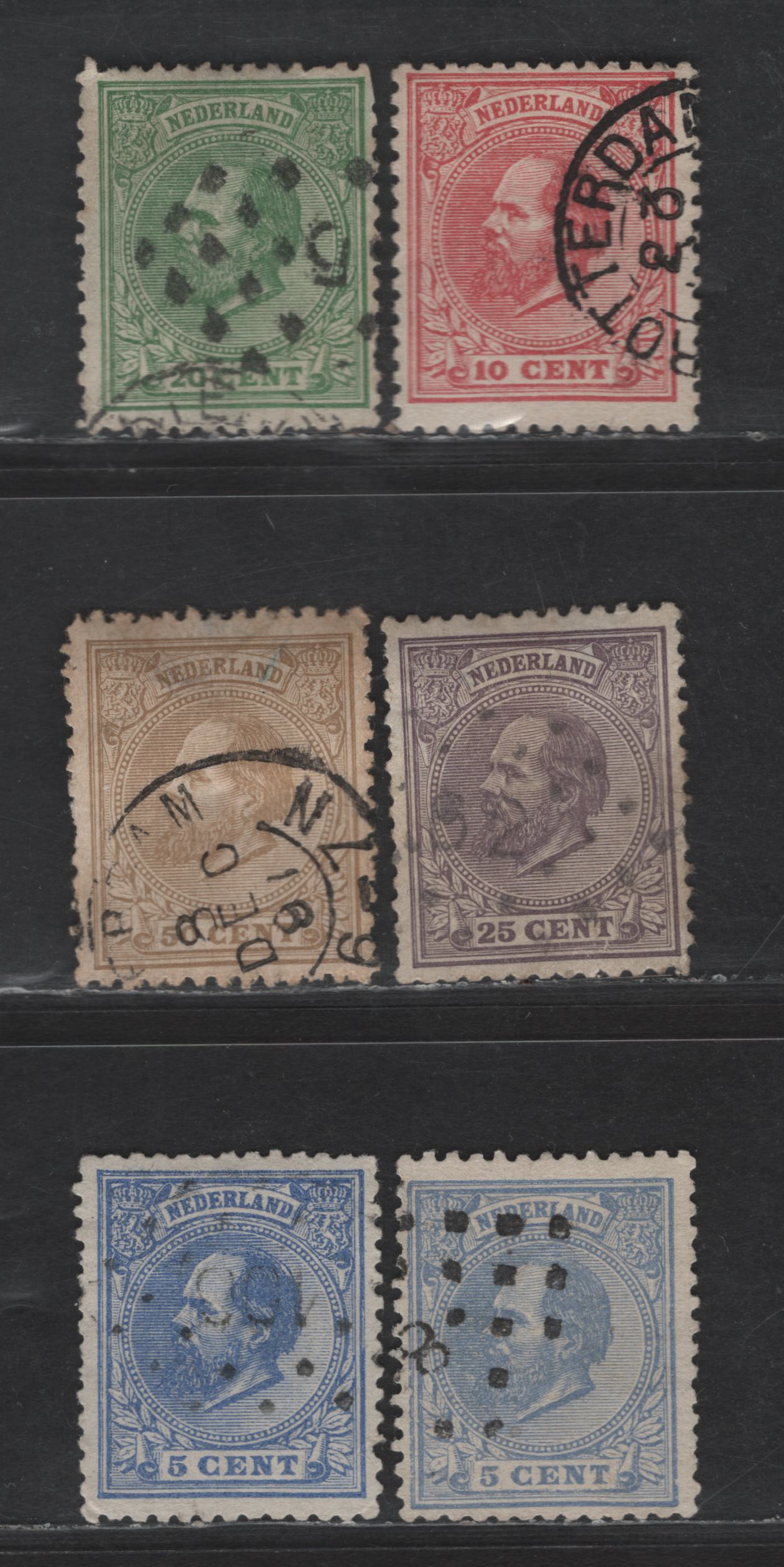 Lot 185 Netherlands SC#23, 23a, 25, 28, 30-31 5c - 50c Blue -Bistre King William III, 1872-1888 King William III Issue, 6 Fine/Very Fine Used Singles, Perf 12.5, Small Holes