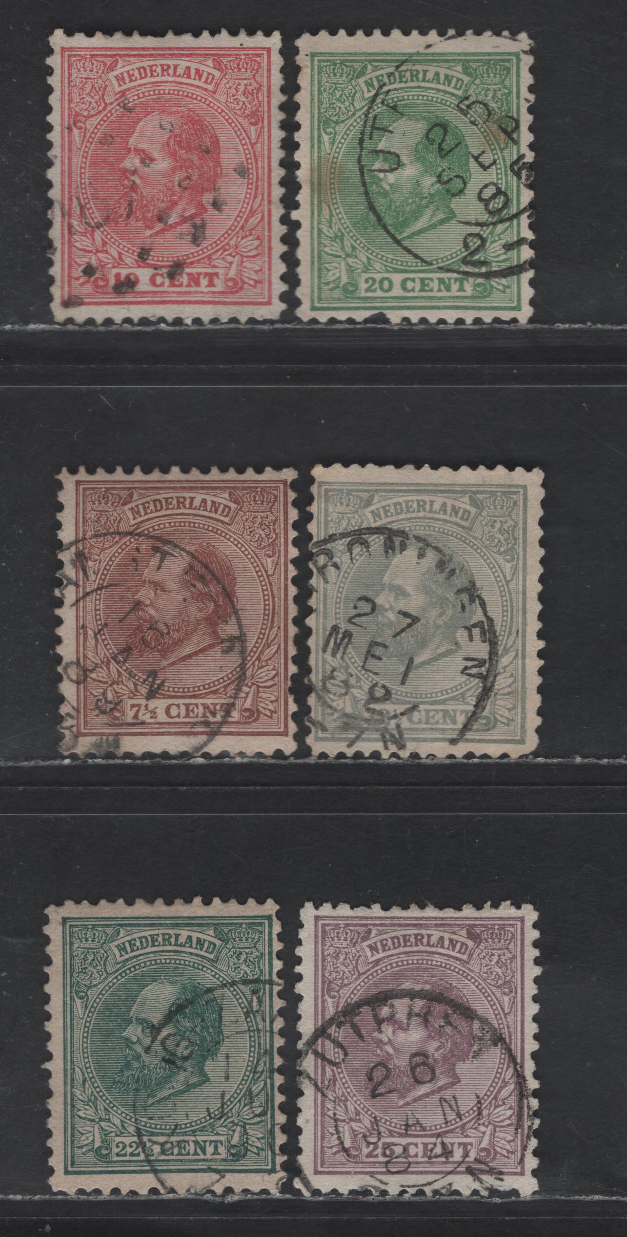 Lot 186 Netherlands SC#24-26, 28-30 7.5c - 25c Red Brown - Dull Violet King William III, 1872-1888 King William III Issue, 6 Fine/Very Fine Used Singles, Perf 12.5x12, Large Holes