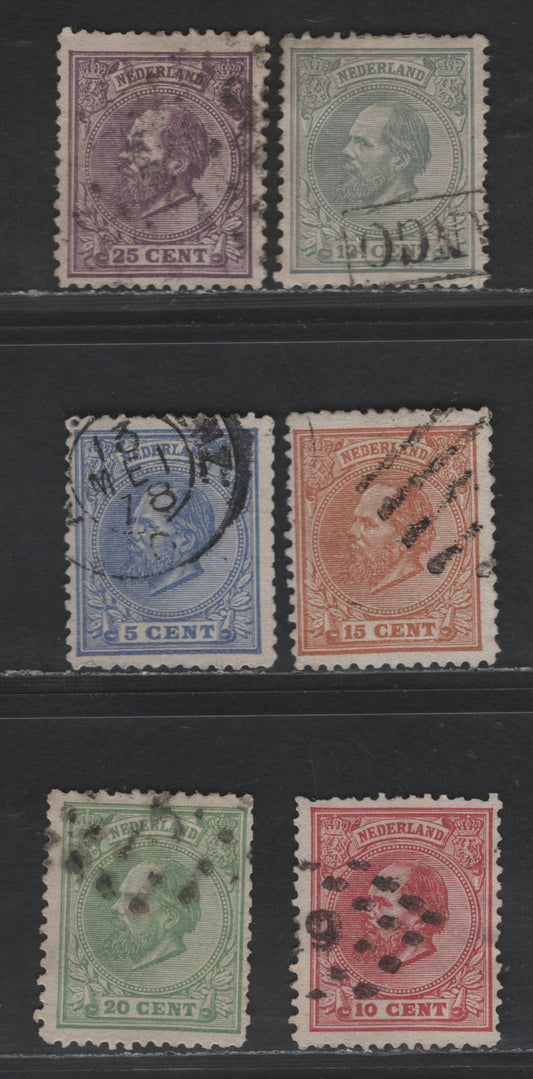 Lot 188 Netherlands SC#23a, 25-28, 30 5c - 25c Ultramarine - Dull Violet King William III, 1872-1888 King William III Issue, 6 Fine/Very Fine Used Singles, Perf 12.5x12, Small Holes