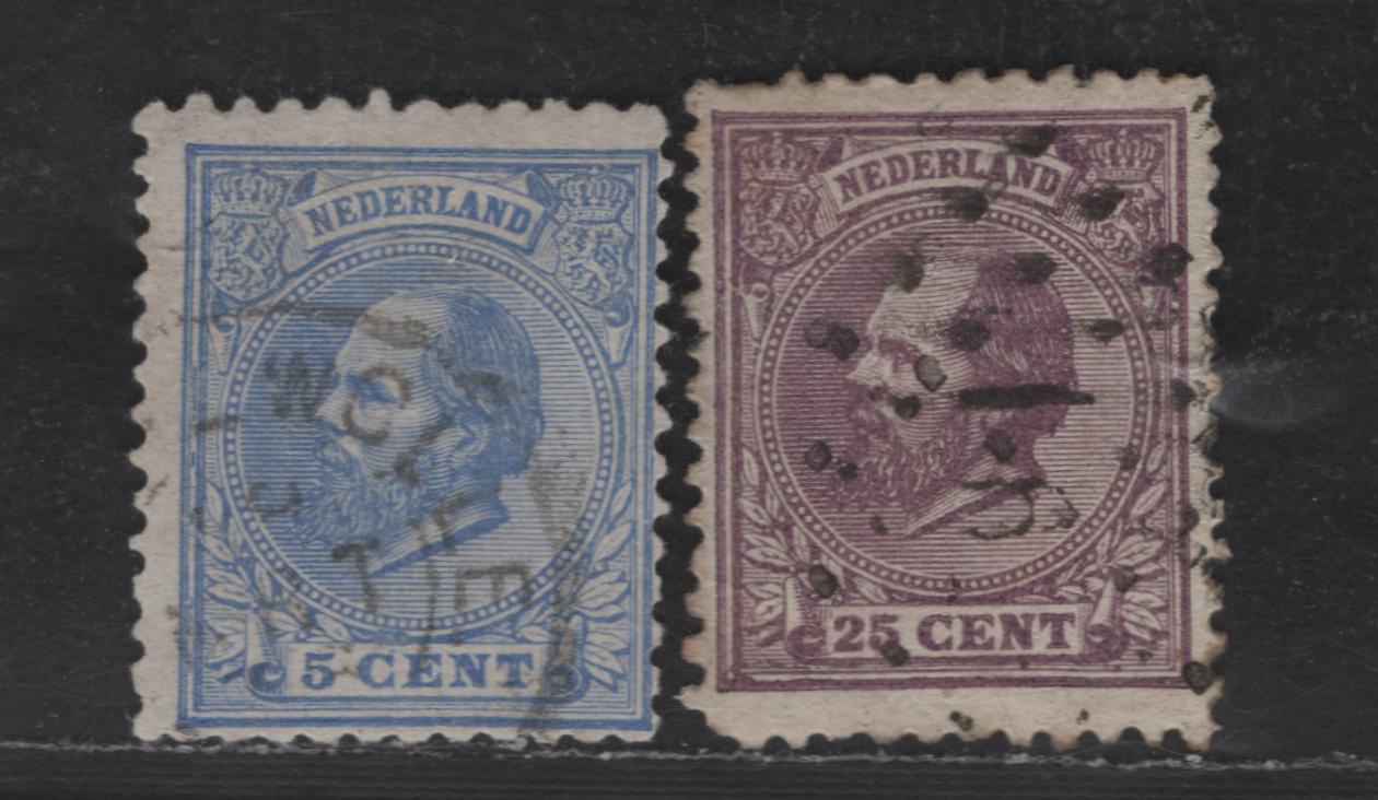 Lot 189 Netherlands SC#23a, 30 (NVPH 10E, 26E) 5c - 25c Ultramarine - Dull Violet King William III, 1872-1888 King William III Issue, 2 Fine Used Singles, Perf 11.5x12, Small Holes
