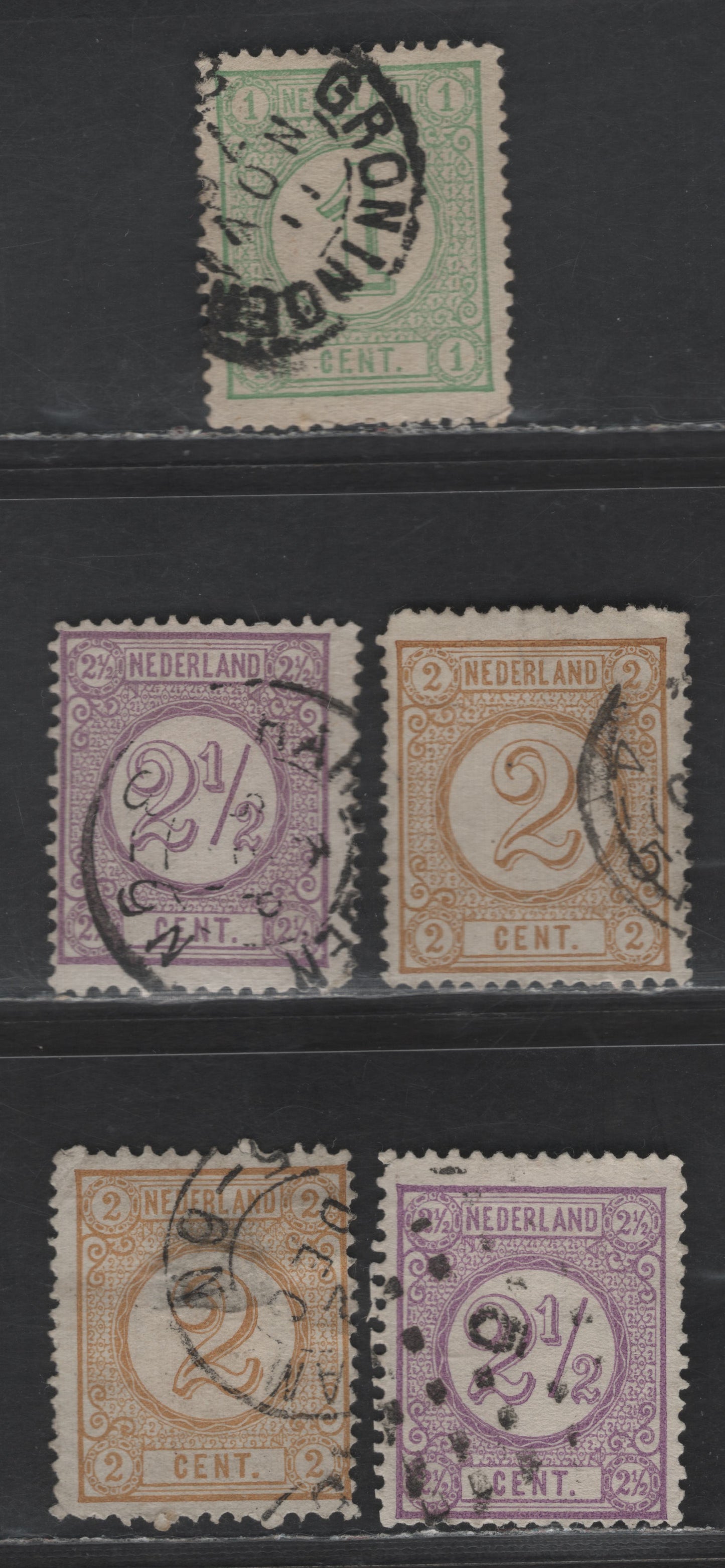 Lot 191 Netherlands SC#35c, 36a, 37, 37c (NVPH 31B, 32B, 33B) 1c - 2.5c Green - Lilac & Violet Numerals, 1876-1894 Numeral Issue, 5 Fine Used Singles, Perf 13.5x13.25, Large Holes