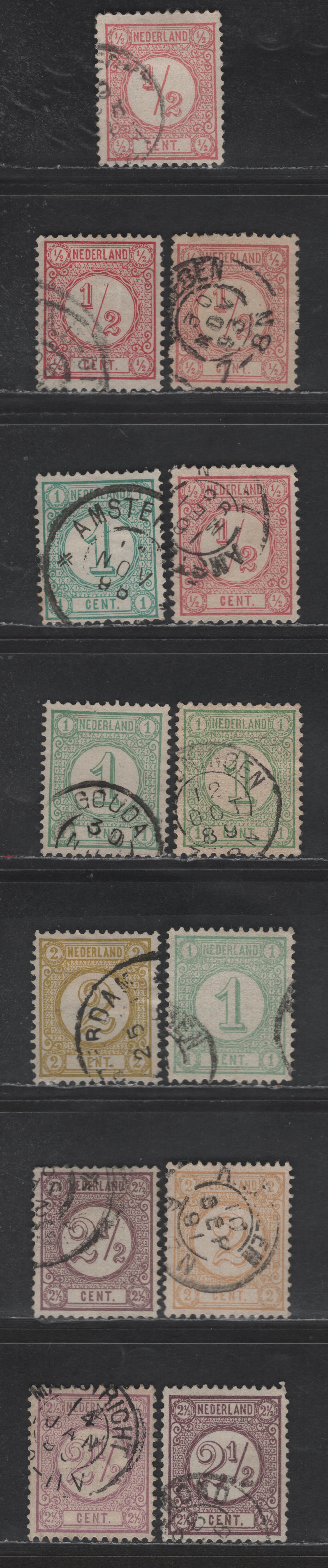 Lot 192 Netherlands SC#34-37, 34a, 35c, 36a, 37b, 37c 1/2c - 23.5c Rose - Lilac Numerals, 1876-1894 Numeral Issue, 13 Fine/Very Fine Used Singles, Perf 12.5, Large Holes, Listed Shades & Both Die Types Of 1/2c