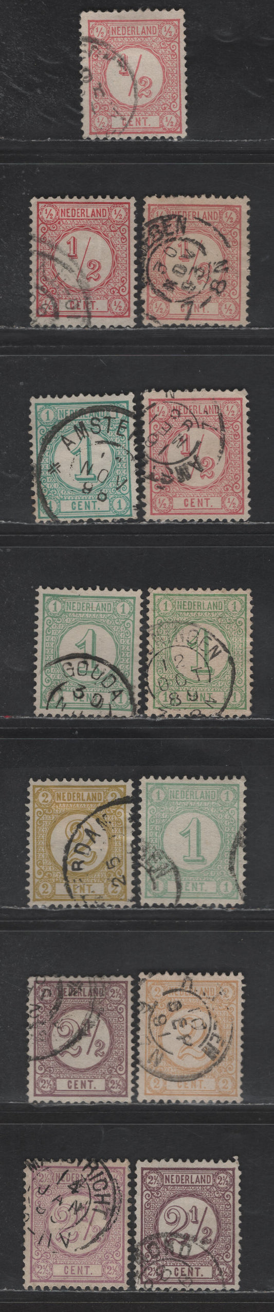 Lot 192 Netherlands SC#34-37, 34a, 35c, 36a, 37b, 37c 1/2c - 23.5c Rose - Lilac Numerals, 1876-1894 Numeral Issue, 13 Fine/Very Fine Used Singles, Perf 12.5, Large Holes, Listed Shades & Both Die Types Of 1/2c