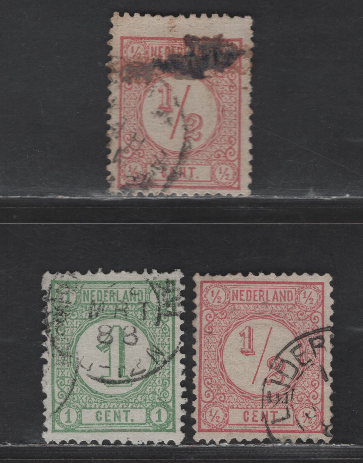 Lot 193 Netherlands SC#34, 34a, 35c 1/2c - 1c Rose - Green Numerals, 1876-1894 Numeral Issue, 3 Fine/Very Fine Used Singles, 1/2c Is Type 1, Perf 12.5x12 & Small Holes, 1/2c Type 2 & 1c Green Are Perf 12.5, Both With Large Holes